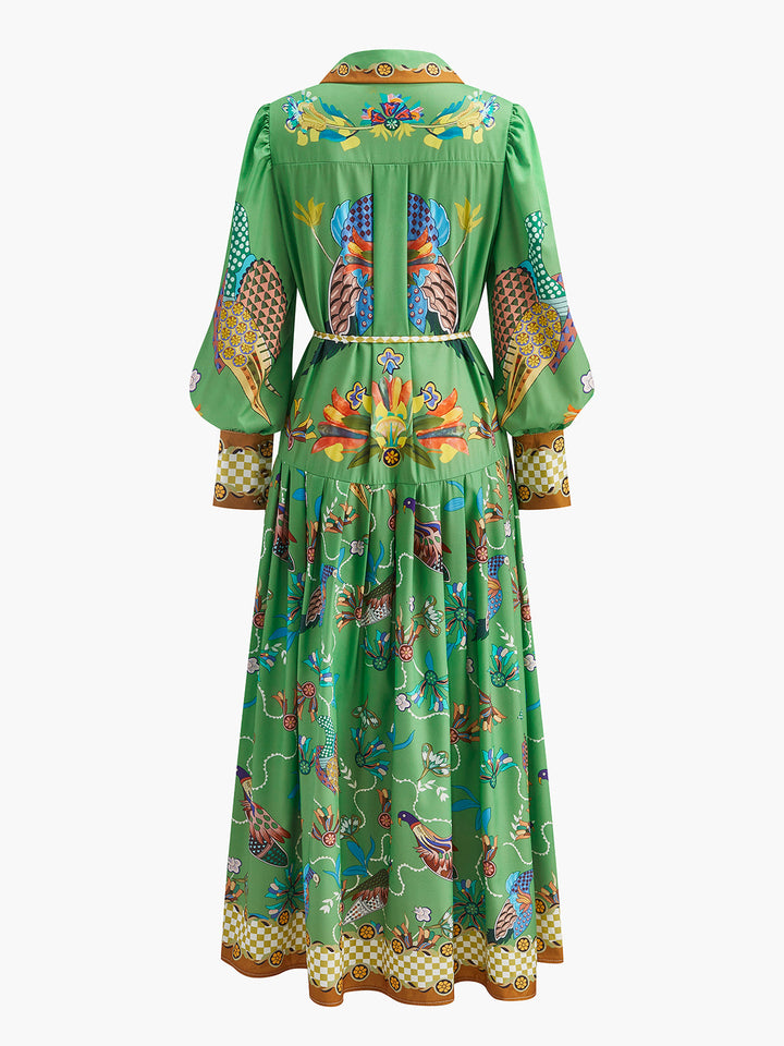 Boho Langarm Blumenkleid mit Knöpfen