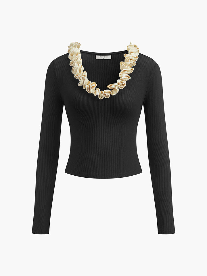 Baumwoll-Blumenbesatz-Schmal-T-Shirt