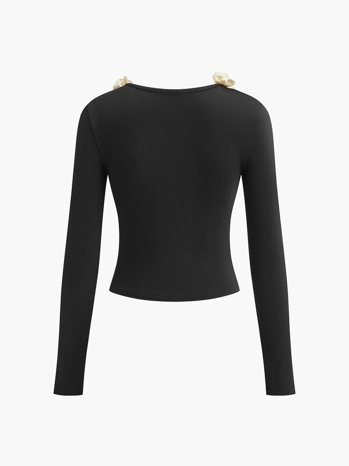 Baumwoll-Blumenbesatz-Schmal-T-Shirt