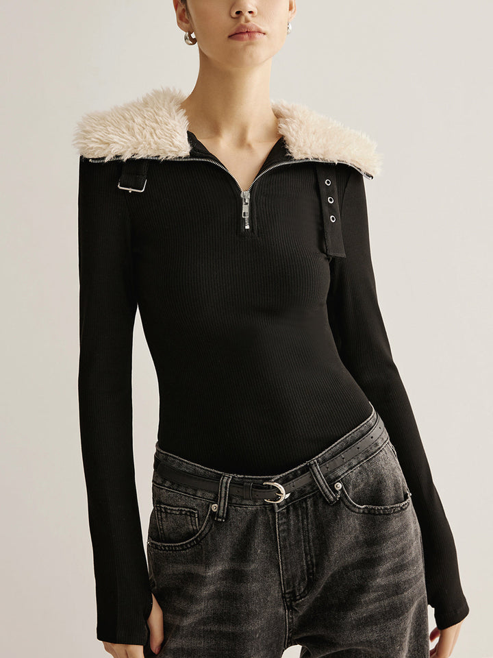 Fuzzy Kragen Gürtel-Design Reißverschluss-Bluse