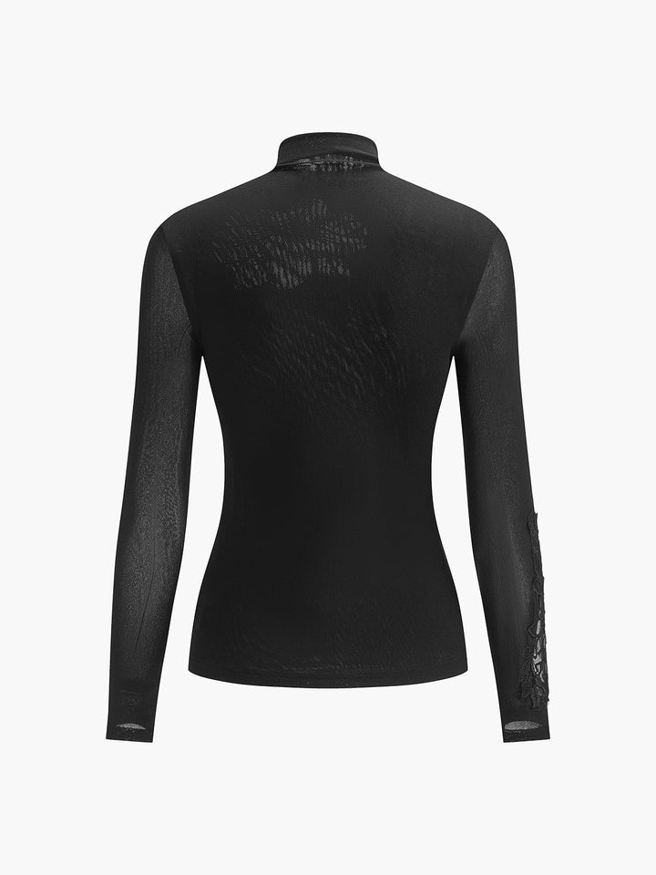 Semi-Sheer Mesh-Floral Slim Jersey Top auf Deutsch