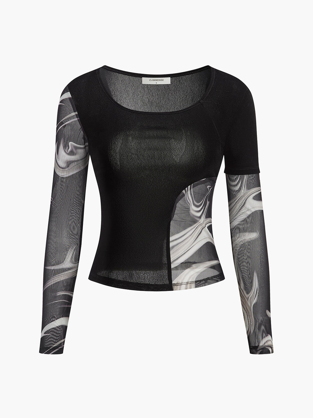 Semi-Sheer Geometrisches Print Mesh Jersey Oberteil