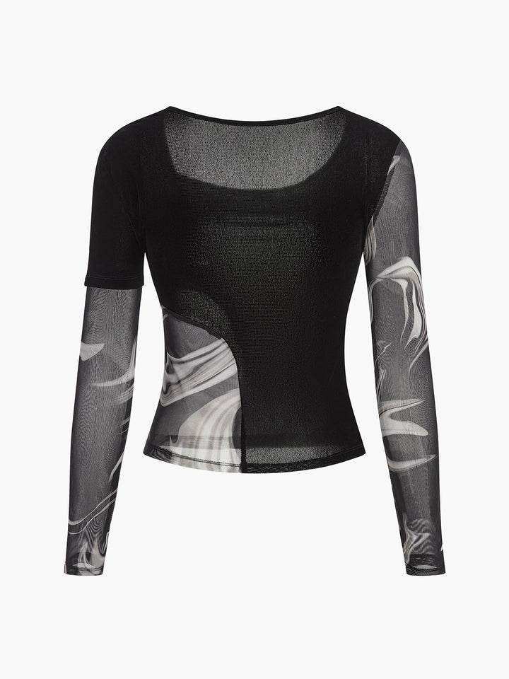 Semi-Sheer Geometrisches Print Mesh Jersey Oberteil