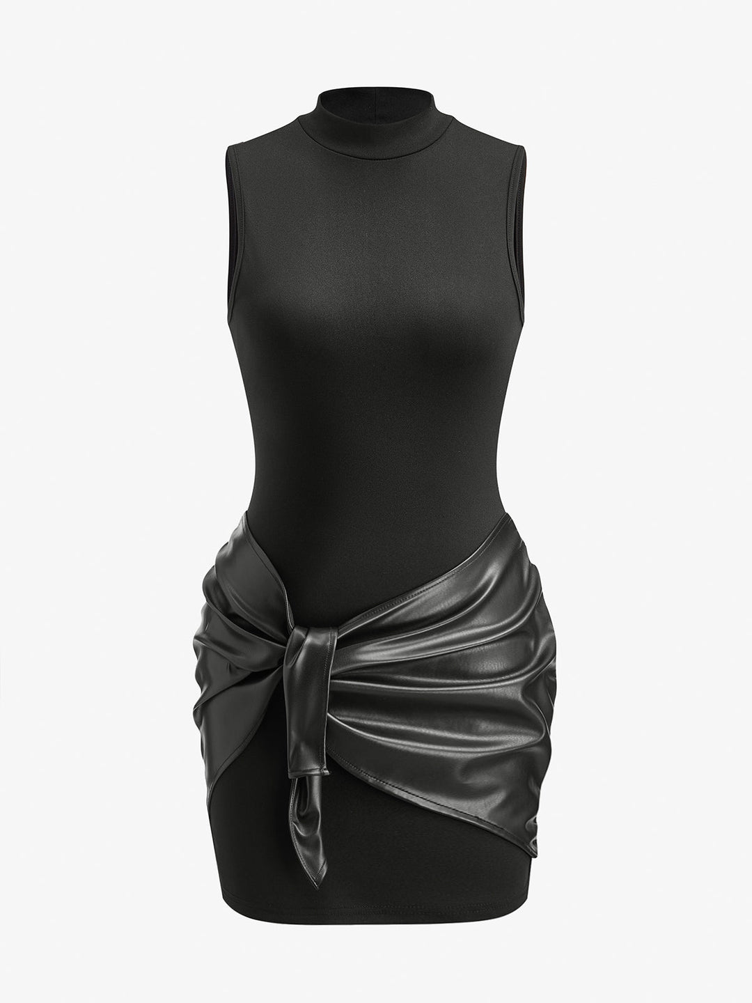 Kleid mit Stehkragen aus Kunstleder und gerafften Einsätzen