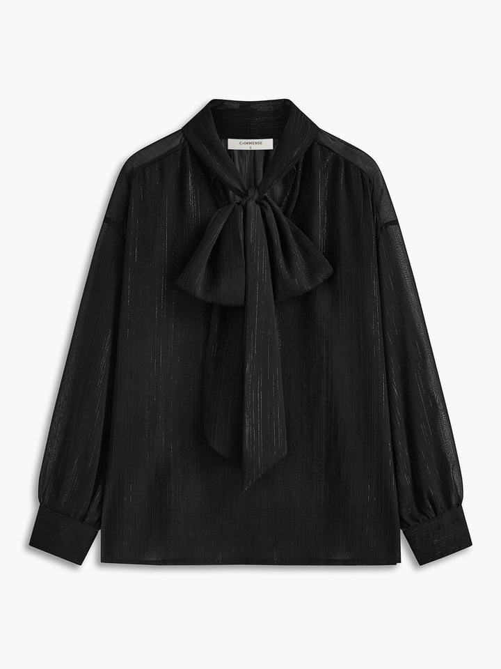Halbtransparente Bluse mit Bindeband am Halsausschnitt aus Chiffon