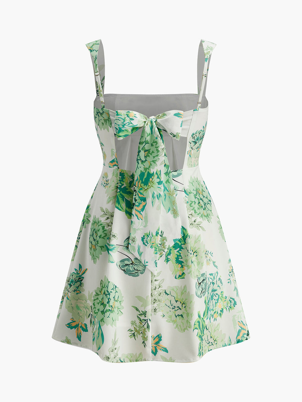 Kleid mit quadratischem Ausschnitt und Rückenausschnitt mit Schleife und Blumenmuster