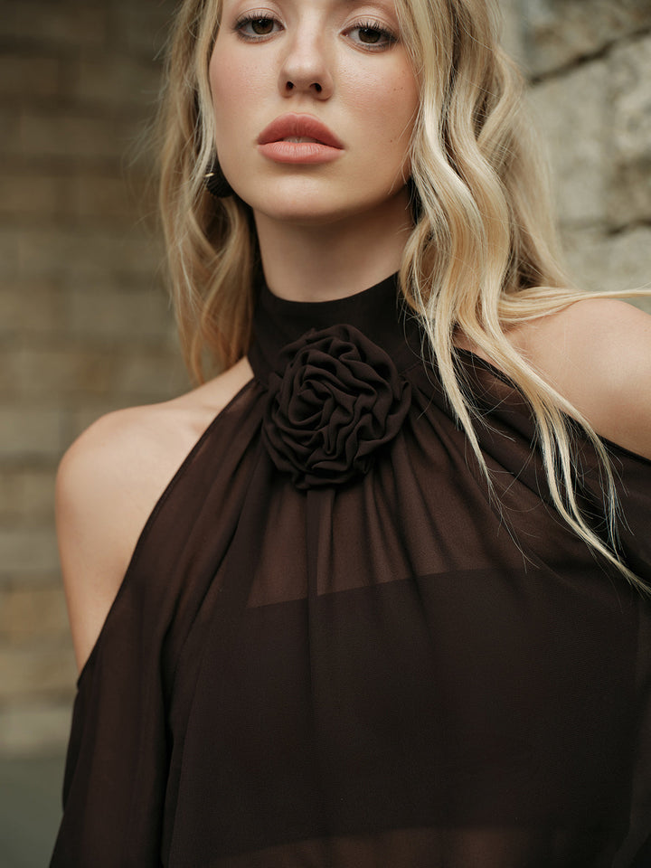 Florales Detaillierte Sheer Cold-Shoulder-Oberteil