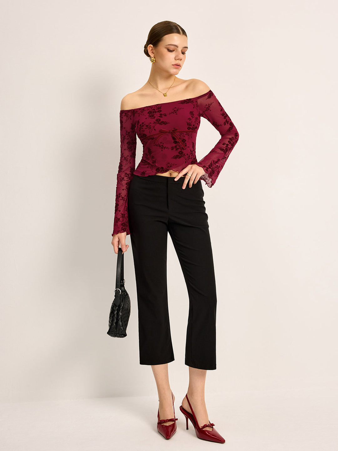 Off-Shoulder Blumen-Print Halbtransparentes T-Shirt