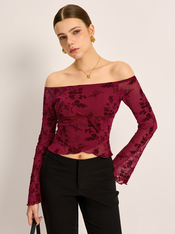 Off-Shoulder Blumen-Print Halbtransparentes T-Shirt