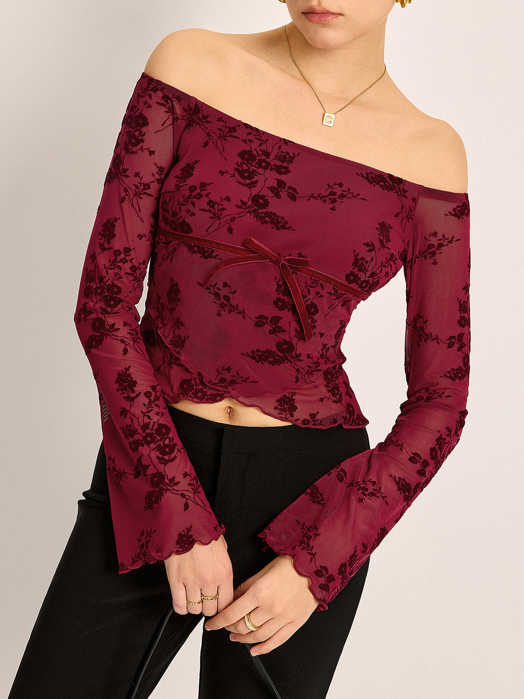 Off-Shoulder Blumen-Print Halbtransparentes T-Shirt