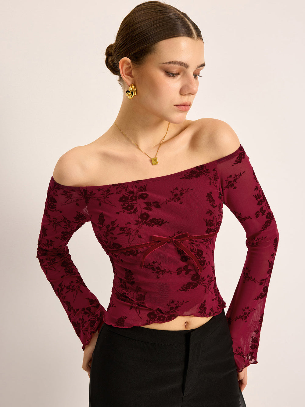 Off-Shoulder Blumen-Print Halbtransparentes T-Shirt