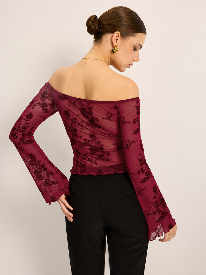 Off-Shoulder Blumen-Print Halbtransparentes T-Shirt