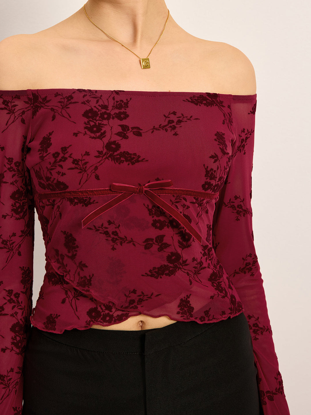 Off-Shoulder Blumen-Print Halbtransparentes T-Shirt