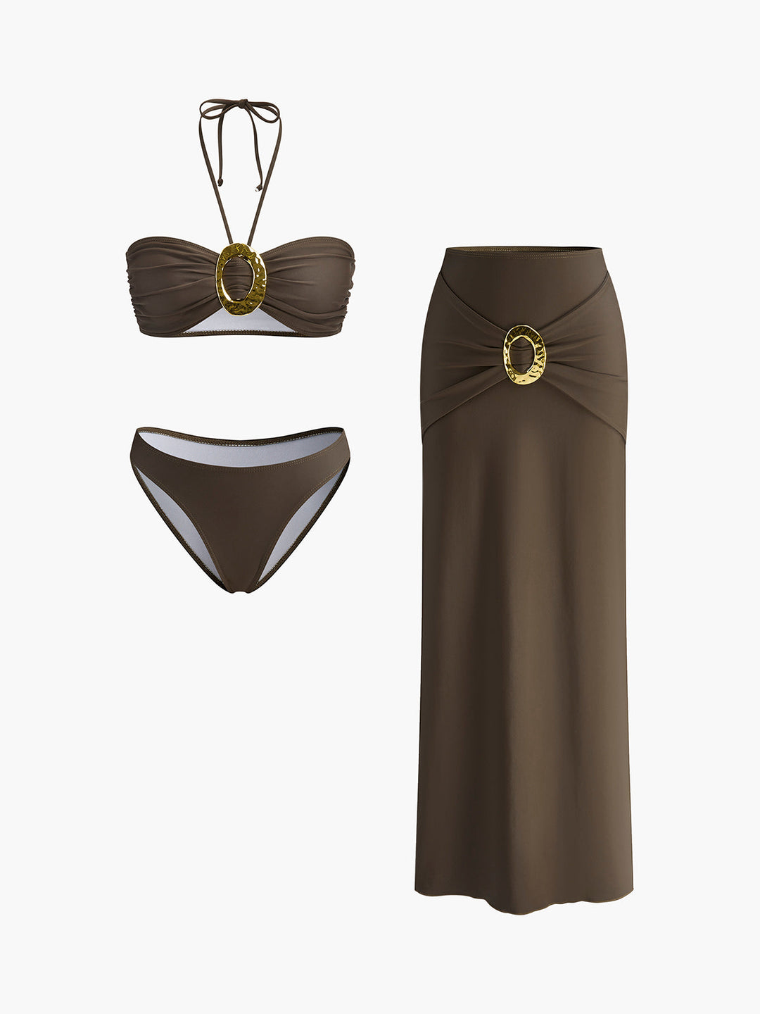 Oval Ring Detail Bandeau Bikini Set Mit Drapiertem Rock