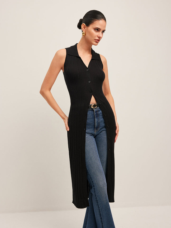 Geripptes Strickkleid mit Knopfleiste