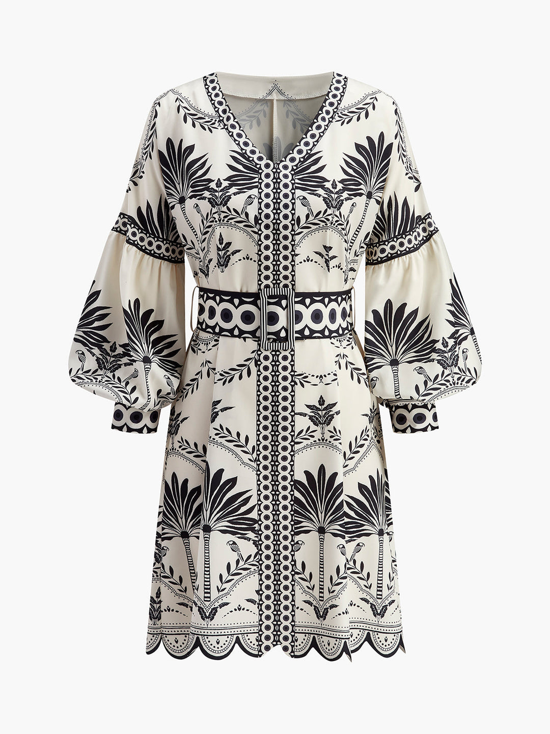Boho Print V-Ausschnitt Kleid mit Gürtel