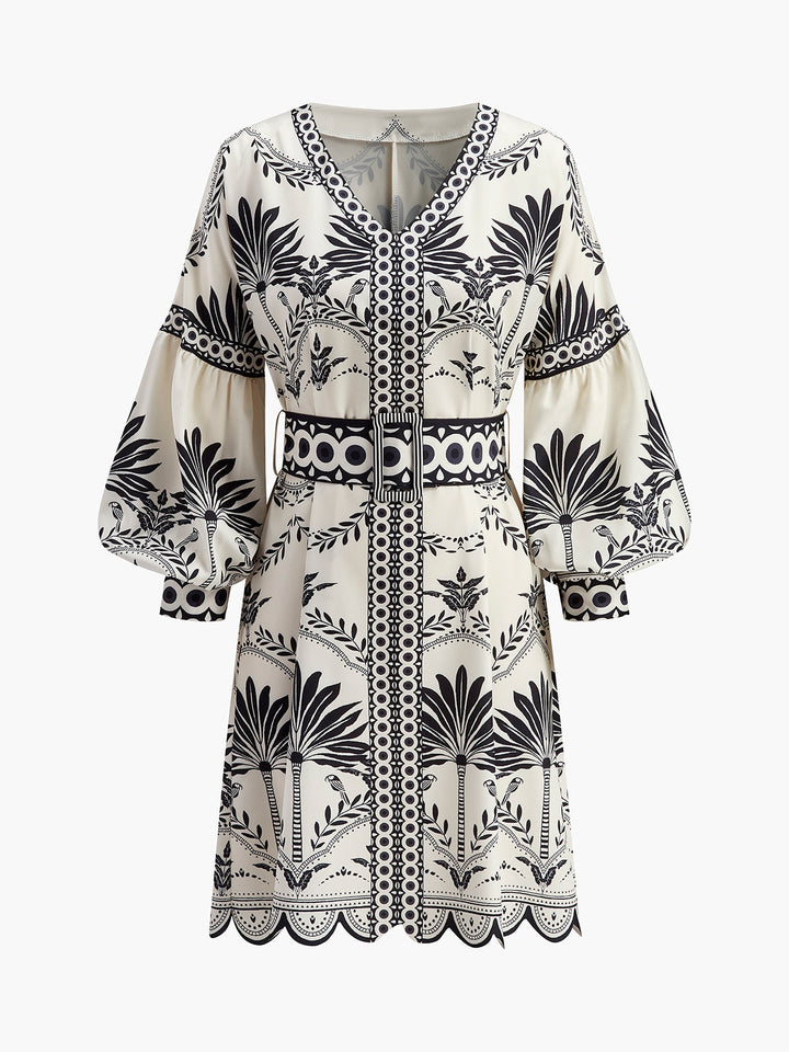 Boho Print V-Ausschnitt Kleid mit Gürtel