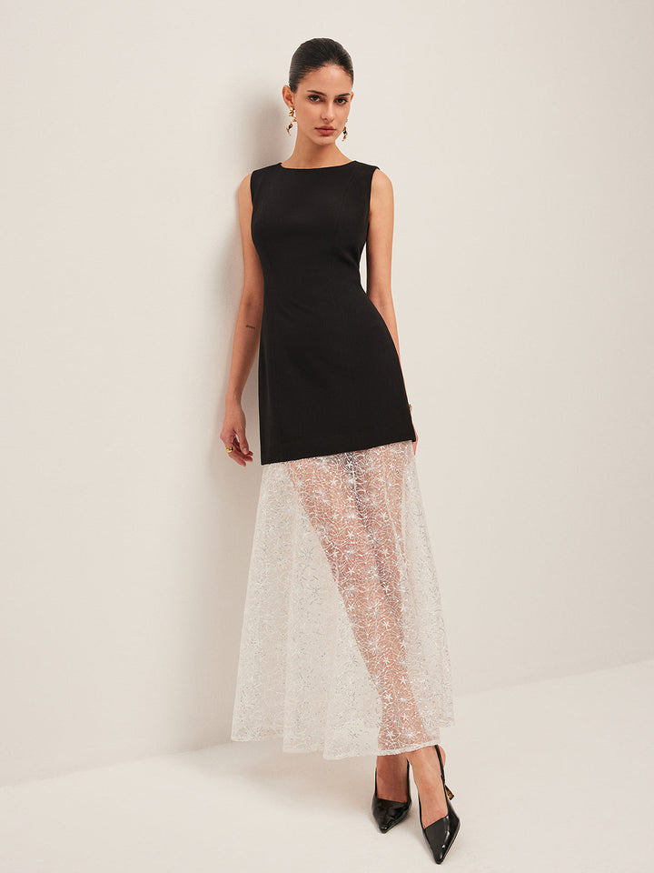 Kleid mit durchbrochenen Spitzeneinsätzen und ärmellosem Design