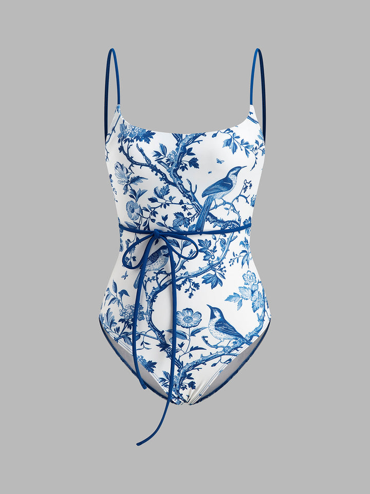 Bird Print Neckholder-Badeanzug mit Gürtel