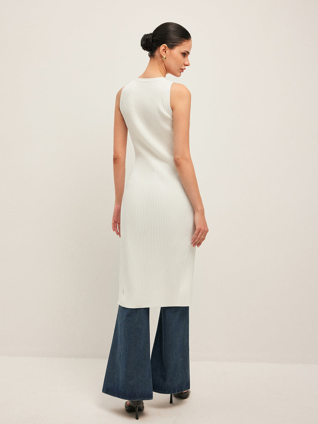 Button Detail Geripptes Kleid
