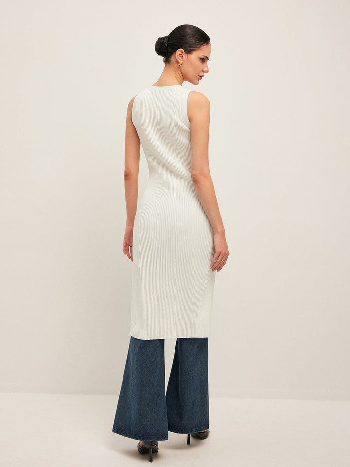 Button Detail Geripptes Kleid