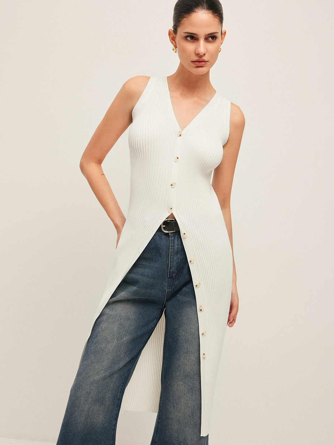 Button Detail Geripptes Kleid