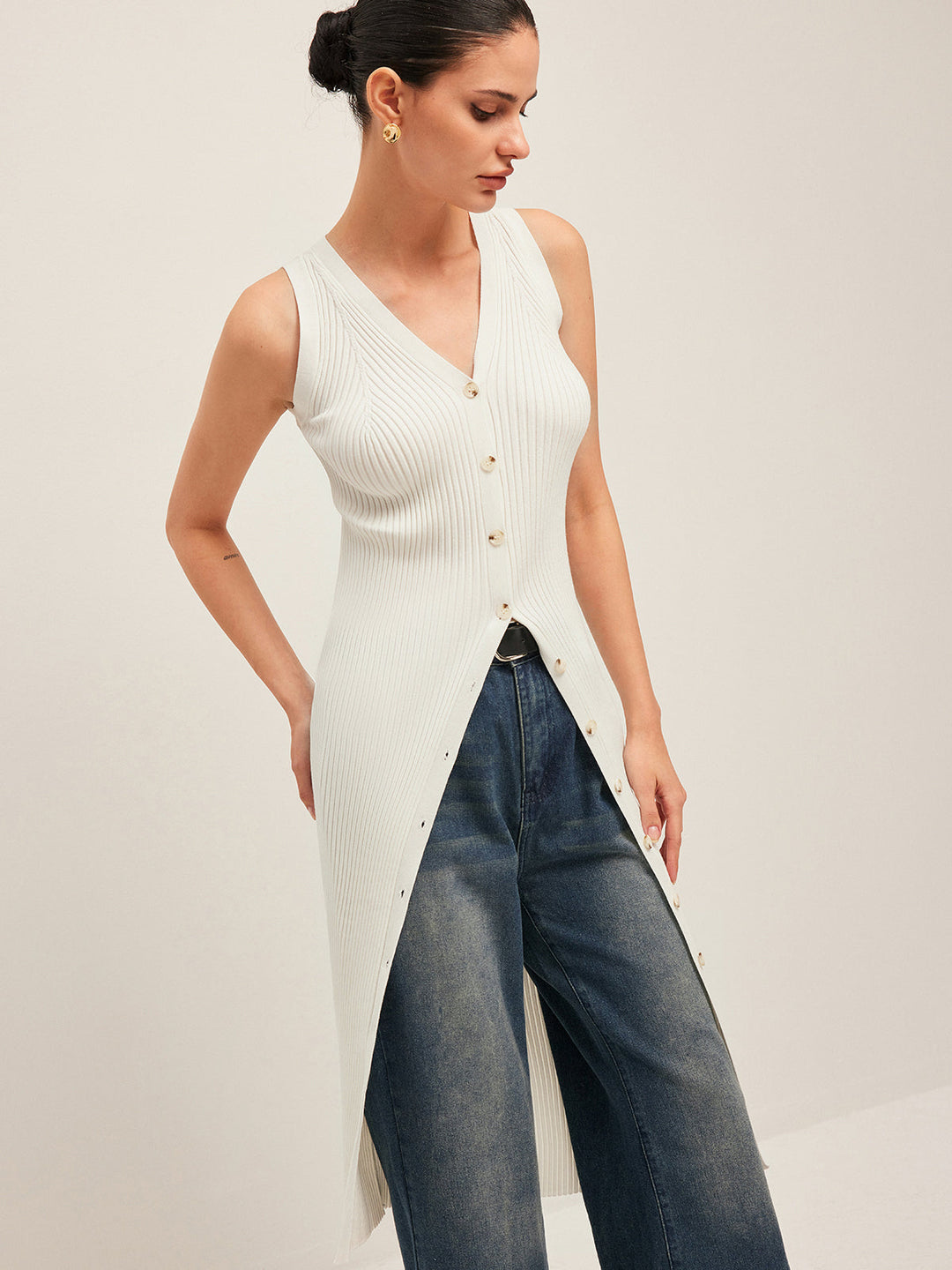 Button Detail Geripptes Kleid