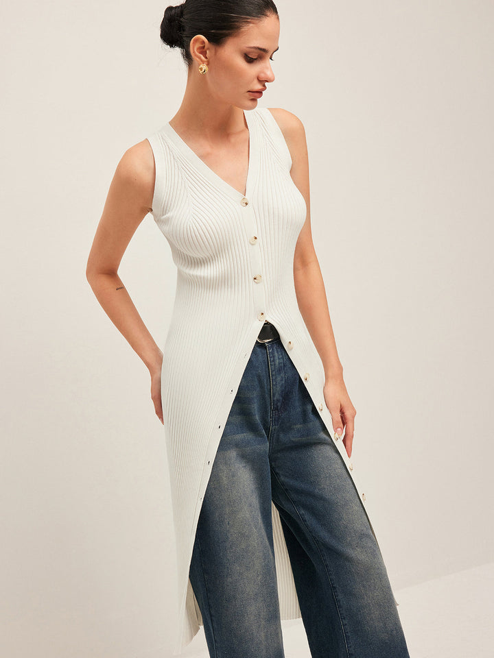 Button Detail Geripptes Kleid