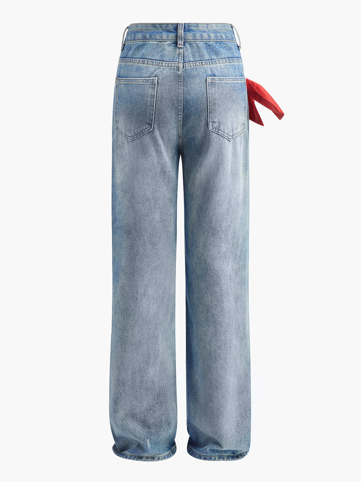 Mitteltaillen-Denim-Jeans mit Schleifendekor