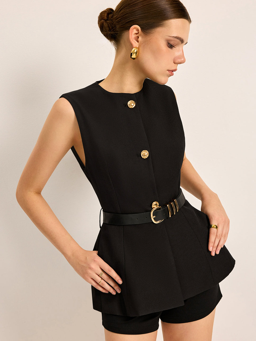 Button Detail Pockets Top Mit Gürtel