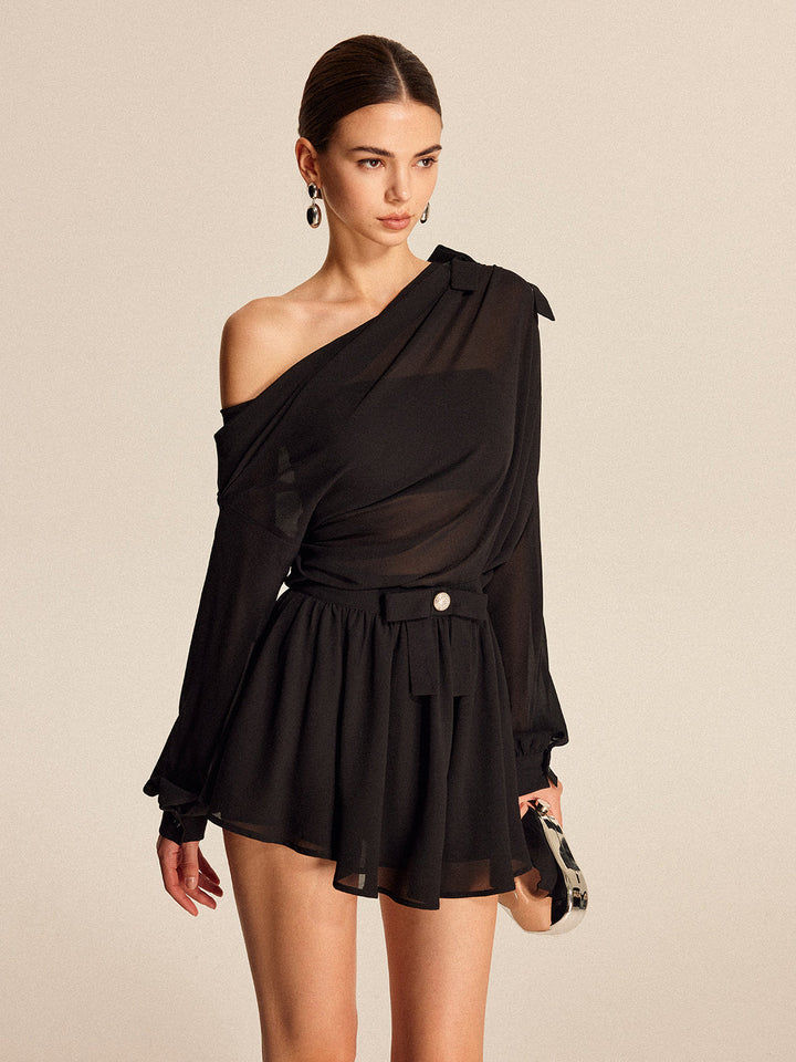 Halbtransparenter Chiffon-Rock-Set mit One-Shoulder-Schleifendetail