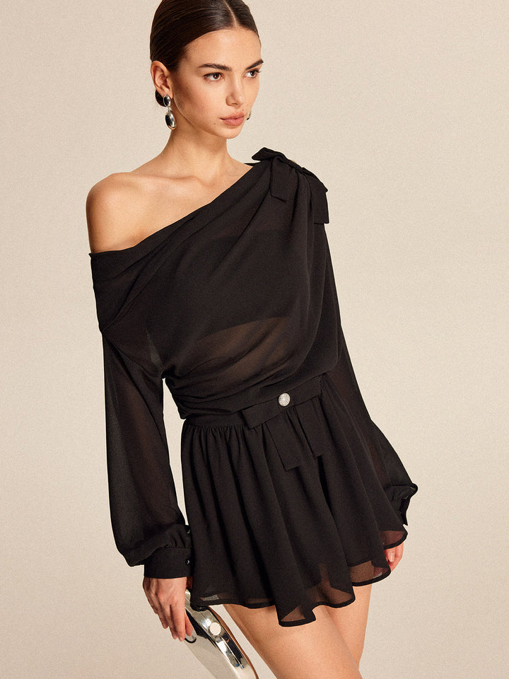 Halbtransparenter Chiffon-Rock-Set mit One-Shoulder-Schleifendetail