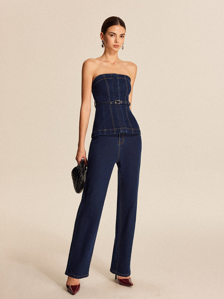 Denim Trägerloses Oberteil Mit Gürtel
