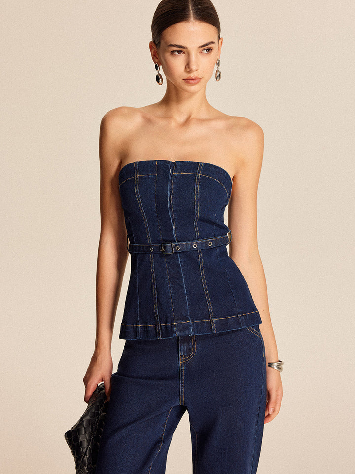 Denim Trägerloses Oberteil Mit Gürtel