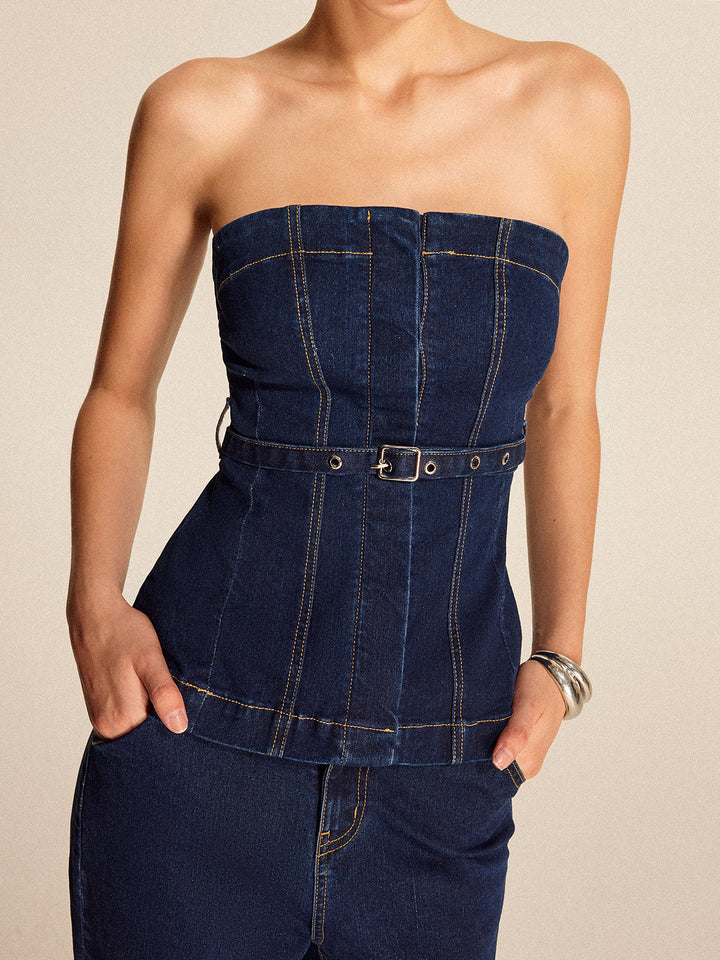 Denim Trägerloses Oberteil Mit Gürtel