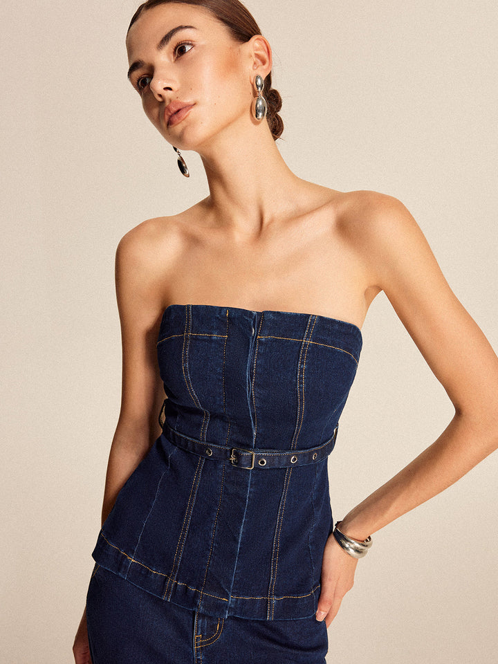 Denim Trägerloses Oberteil Mit Gürtel