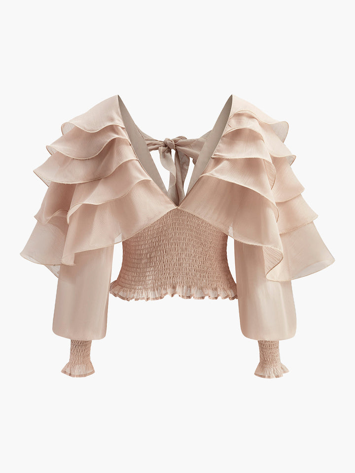 Halbtransparente Chiffon-Bluse mit Rüschen und Rückenausschnitt