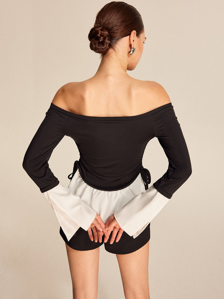 Bluse mit Kontrastdetail und Carmen-Ausschnitt