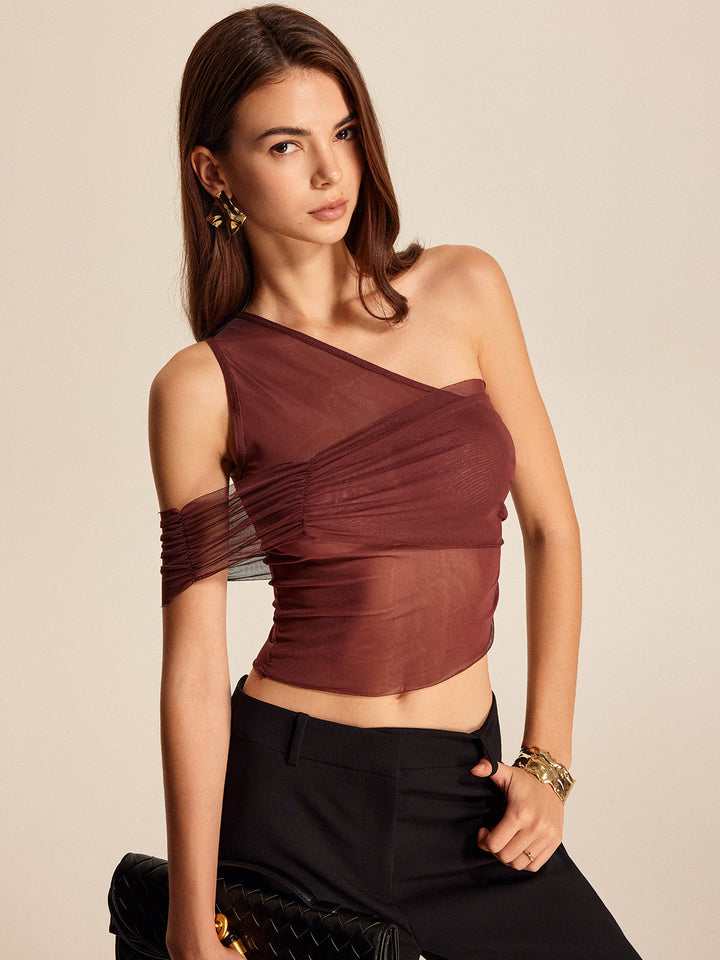 Halbdurchscheinendes One-Shoulder Mesh-Oberteil