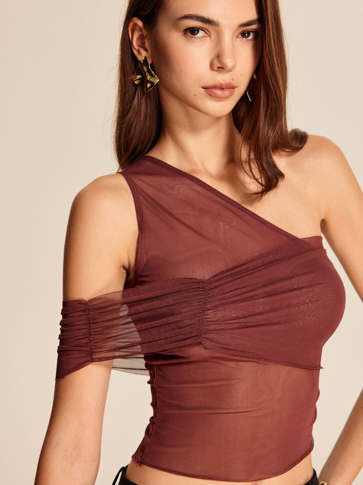 Halbdurchscheinendes One-Shoulder Mesh-Oberteil
