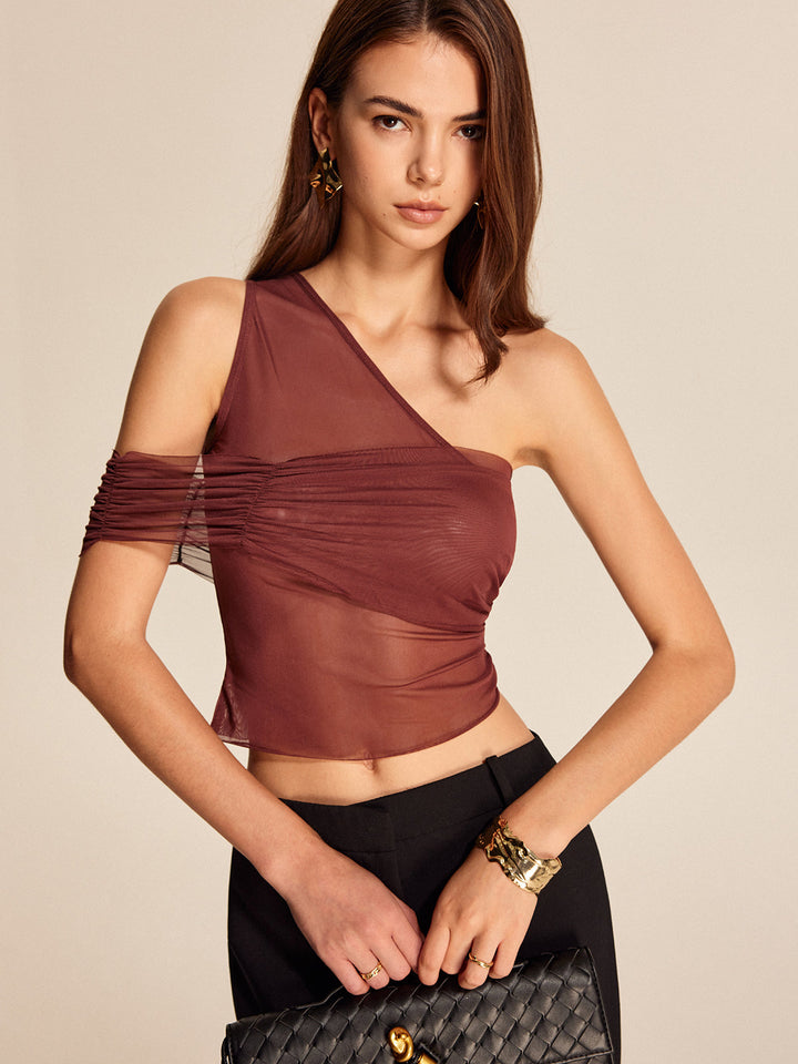 Halbdurchscheinendes One-Shoulder Mesh-Oberteil