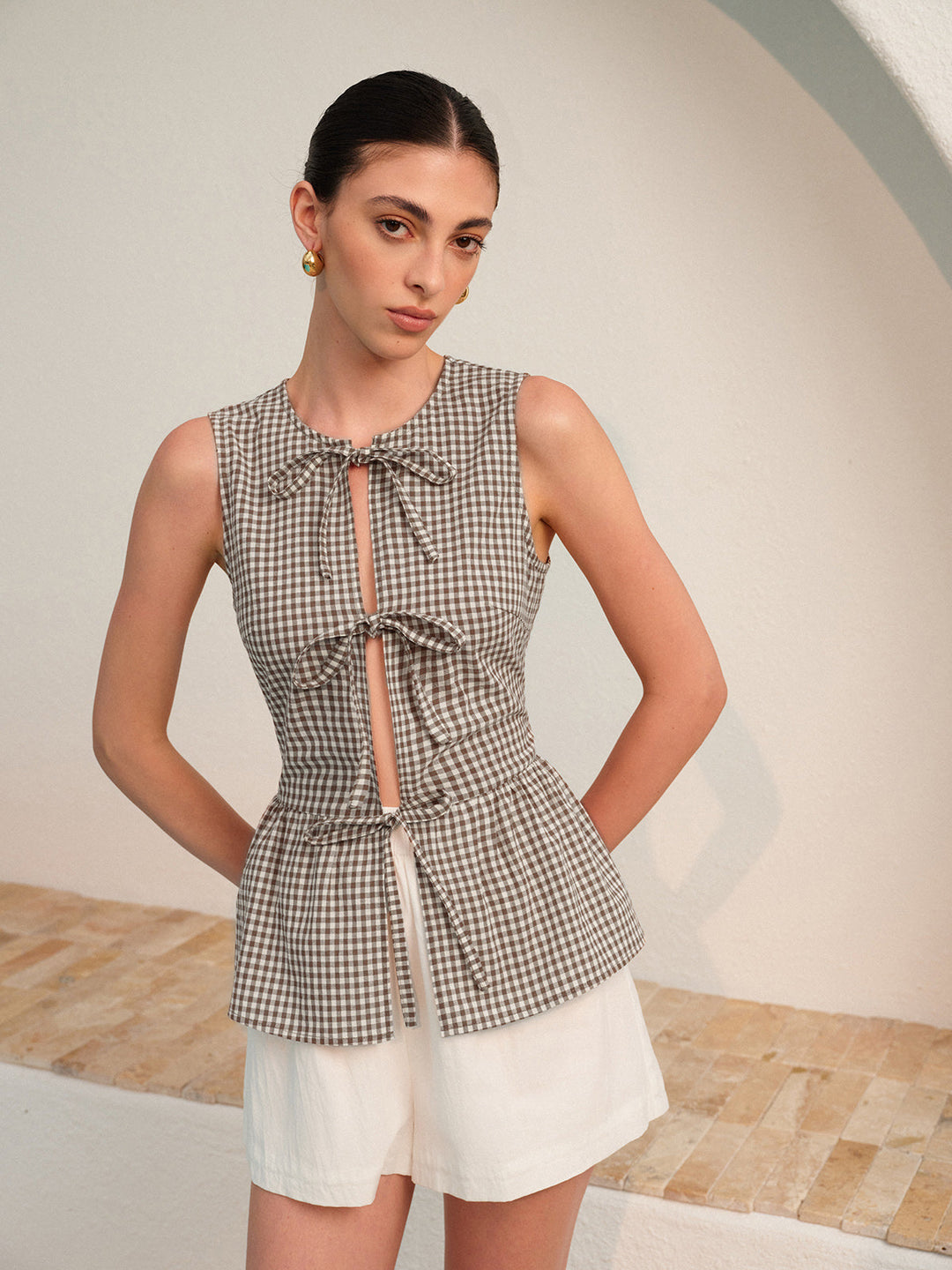 Gingham-Bind-Gürtel-Peplum-Top
