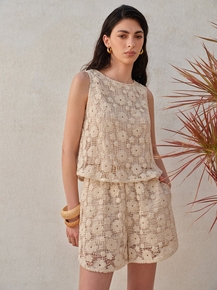 Blumen-Spitzen-Shorts-Set Ärmellos