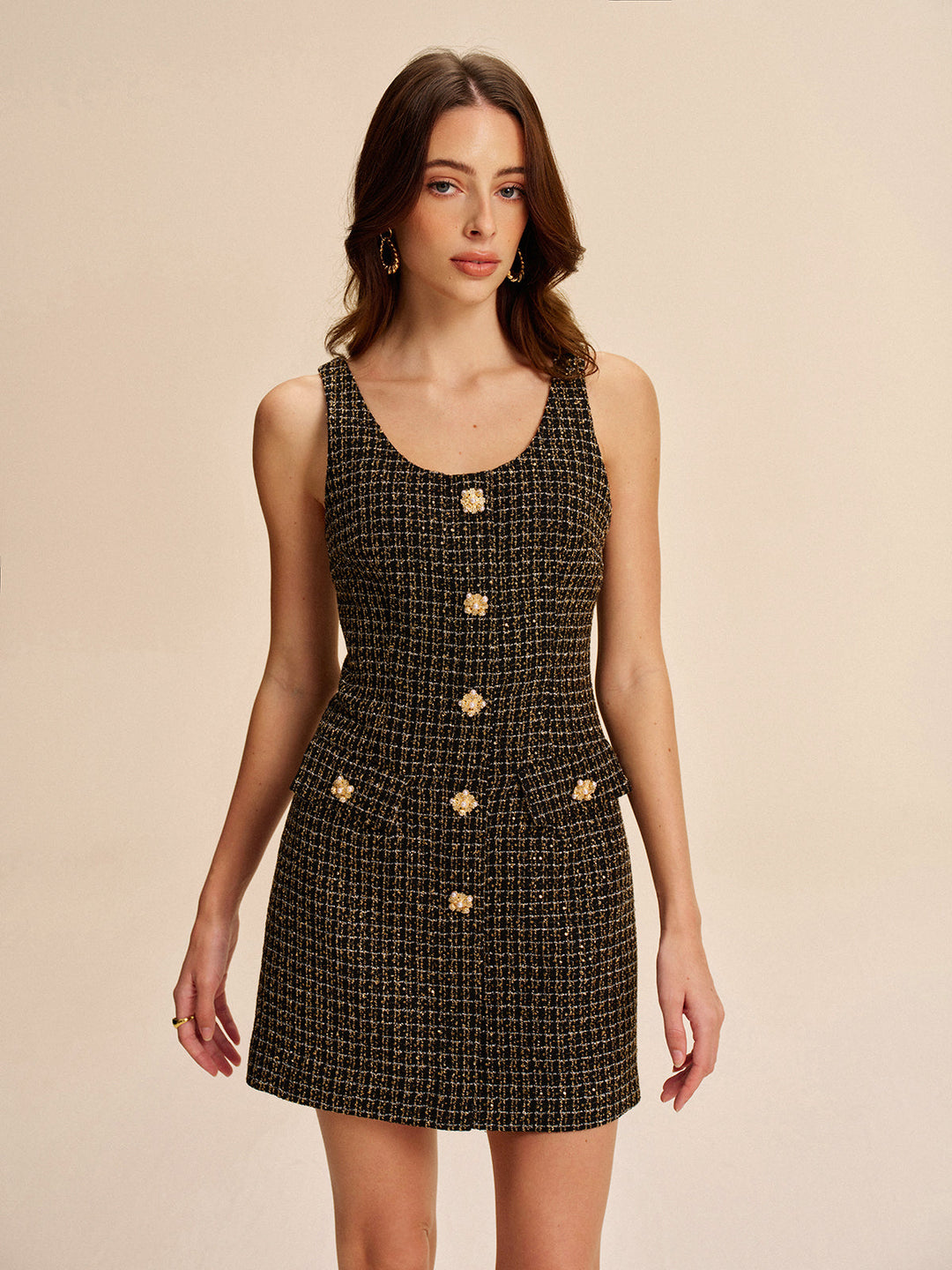 Tweed Kleid mit Knöpfen und ohne Ärmel
