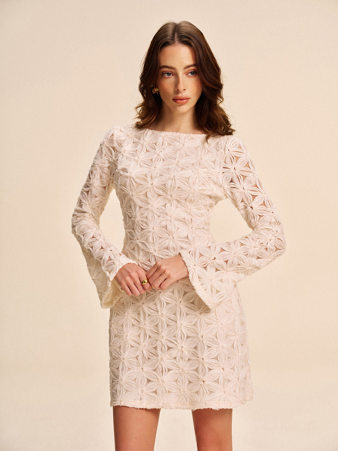 Semi-Sheer Floral Lace Langarmkleid