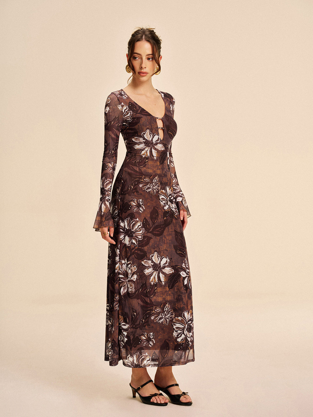 Semi-Sheer Mesh Floral Cutout Spaltkleid