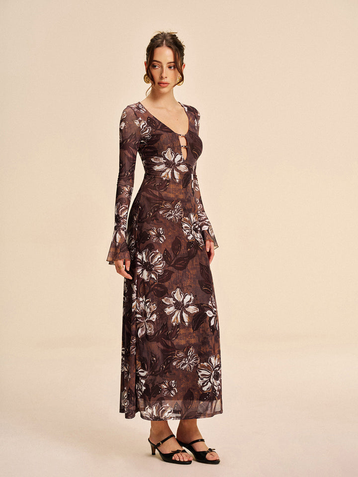 Semi-Sheer Mesh Floral Cutout Spaltkleid