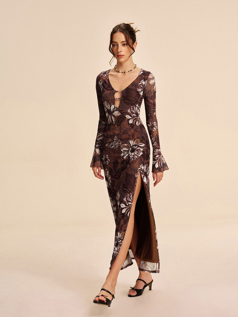 Semi-Sheer Mesh Floral Cutout Spaltkleid