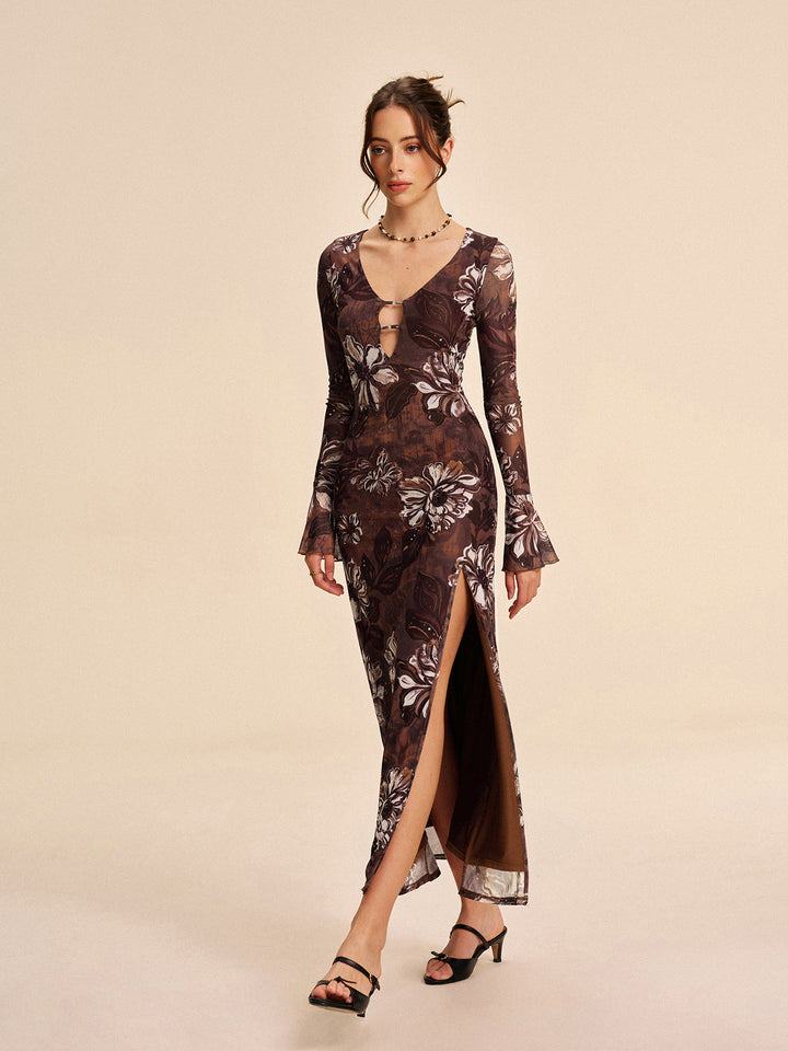 Semi-Sheer Mesh Floral Cutout Spaltkleid