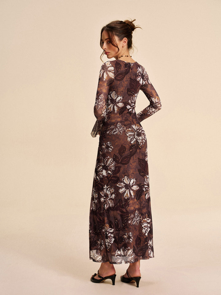 Semi-Sheer Mesh Floral Cutout Spaltkleid